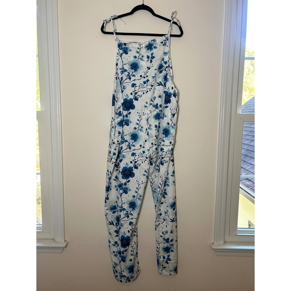 The Unbranded Brand Pants - Womens Floral Jumpsuit Overalls Blue White Print Wide Leg Tie Strap Size‎ XXL